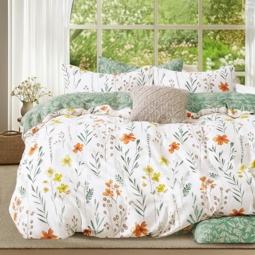 Lanqinglv Bettwäsche 200x200cm Grün Weiß Blätter Blumen Muster Pflanzen...