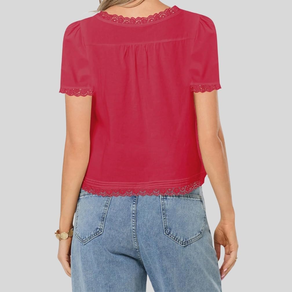 Women Boho Button Down Lace Trim Crop Tee Top Short Sleeve Scoop Neck Ruffle Semi Sheer Flowy Tie Front T Shirt - Image 3