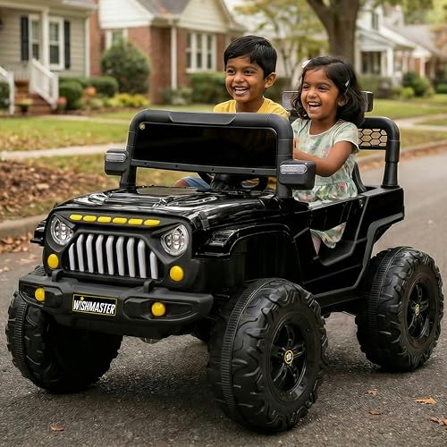Image of Wishmaster Kids Electric Ride-On Jeep, 12V Battery Powered, Remote Control, Music & Lights, 130 x 83 x 76 cm, Army Green, Ages 3-8 Years (Plain Color's, Black)