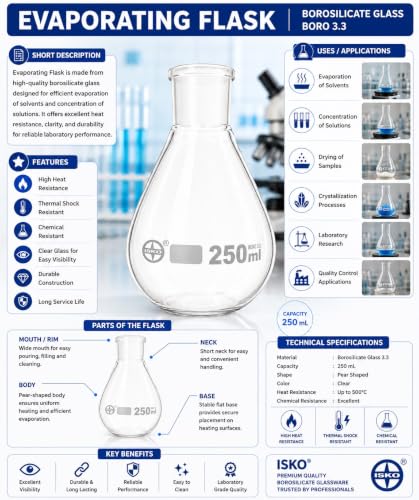Image of ISKO Borosilicate glass 24 /29 Joint Recovery Flask Heavy Wall Single Neck Round Bottom Evaporating Flask (250ml)