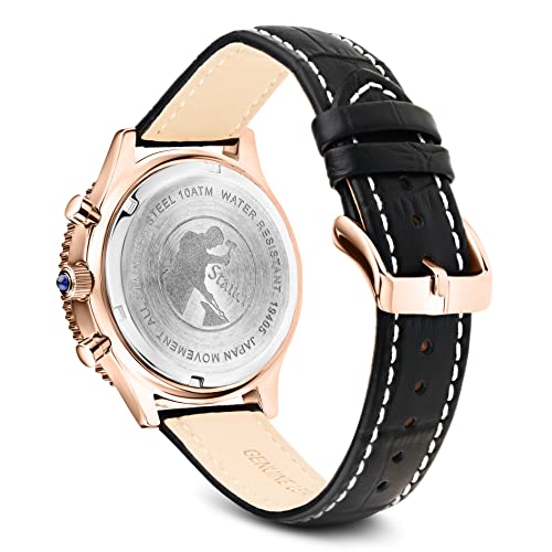 Stauer 1916 Midnight Flyboy Watch For Men – Vintage Style Chronograph Watch – Genuine Crocodile-Embossed Black Leather Watch Band – Stainless Back & Rose Gold Watch Case – Luxury Gifts For Me #TOP3