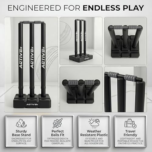 Image of Plastic Cricket Wicket Set Full Size with 1 Base, 2 Bails & 3 Wickets (Black)