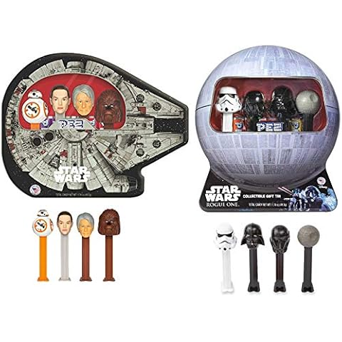 Tin Pez Star Wars Candy 2 Pack Rogue One Gift Set Stormtrooper / Darth / Death Star + Millennium Falcon BB-8, Rey, Han Solo & Chewbacca 8 characters and Refills Cover