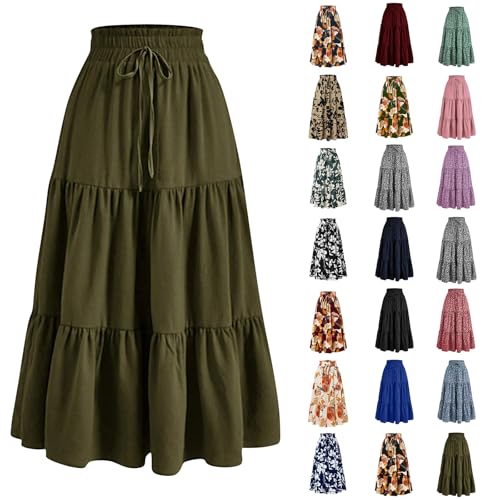 Floral Maxi Skirts for Women Trendy Summer Boho Tiered Long Flowy Skirt Drawstring High Waisted Swing A-Line Skirt