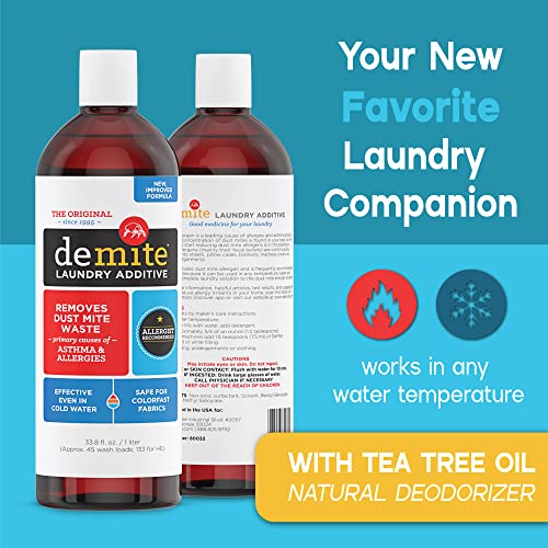 Demite Laundry Additive - Dust Mite Waste Remover For Allergy Relief, Mites Waste Treatment For Bedding & Clothes, Safe Around Children And Pets, Gentle Formula For Use With Any Laundry Detergent Soap, Fragrance-Free, 1 Liter #TOP2