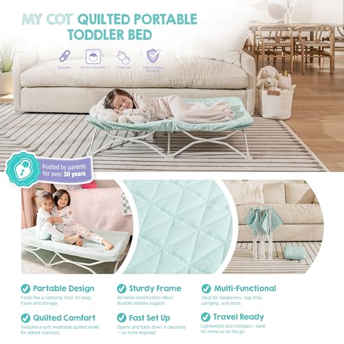 Image of Regalo My Cot Portable Toddler Bed with Fitted Sheet, Foldable Kids Travel Bed & Camping Cot, Includes Washable Quilted Sheet, 48 inch x 24.5 inch x 9 inch, Seafoam