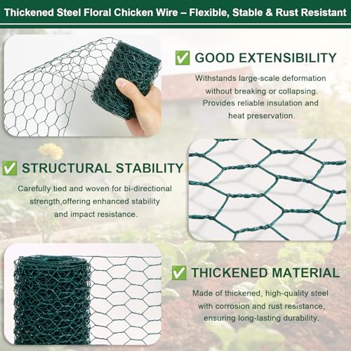 Image of Floral Chicken Mesh for Craft, 4 x 236 Inch Galvanized Hexagonal Netting Roll, Lightweight Garden Poultry Fence for Coop & Rabbit, Metal Mesh Kit with Gloves, Ties and Plier