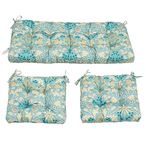 ADLIVWYD 3-Pieces Wicker Chair Cushion Set, 1 loveseat and 2 U-Shape, 44"x19" &19"x19" Tufted Outdoor Cushions for Indoor/Outdoor Patio Furniture (Teal Floral) by Generic - Used condition - US$37.99