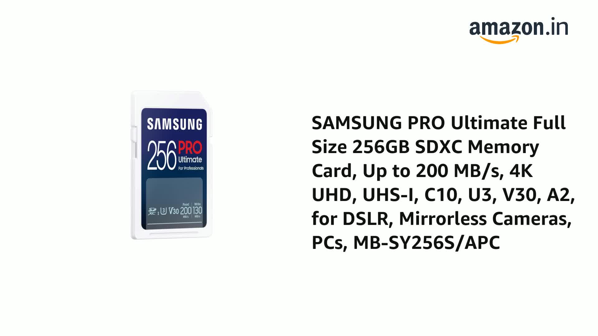 SAMSUNG PRO Ultimate Full Size 256GB SDXC Memory Card, Up to 200