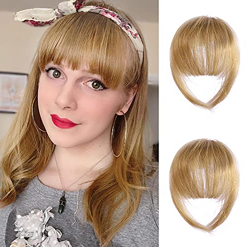 HANYUDIE Clip in Bangs Human Hair Bangs Hairpiece Dark Brown Clip on Air Bangs with Temple Wispy Bangs Hair Extensions for Women (Thick Bangs, blonde)