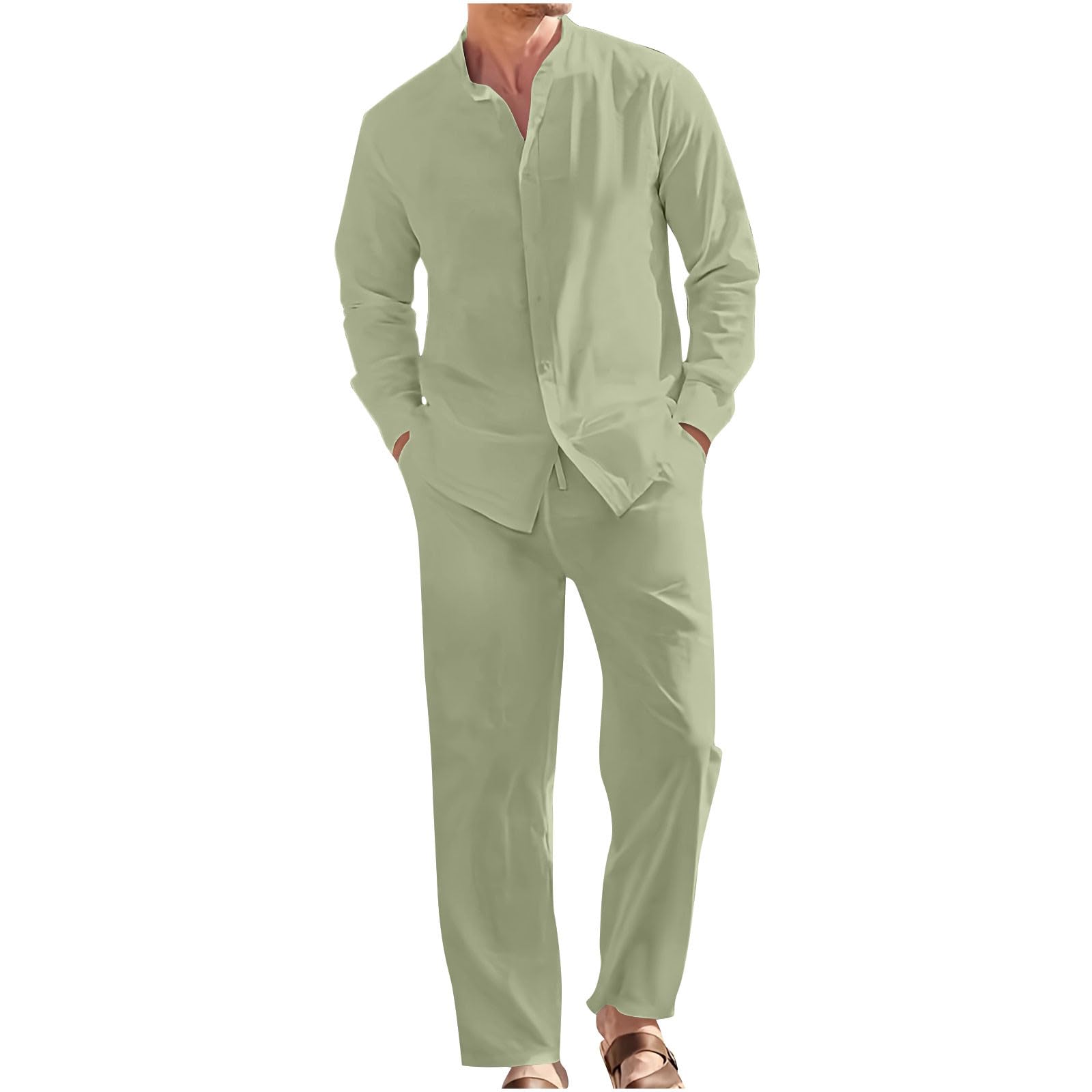 HAOLEI Conjunto Lino Hombre,Algodón y Lino Conjunto Verano Hombre de Dos Piezas Camisas Manga Larga y Pantalones Largo Camisas Hawaianas de Playa con Botones Ligero y Transpirable Trajes de Ocio