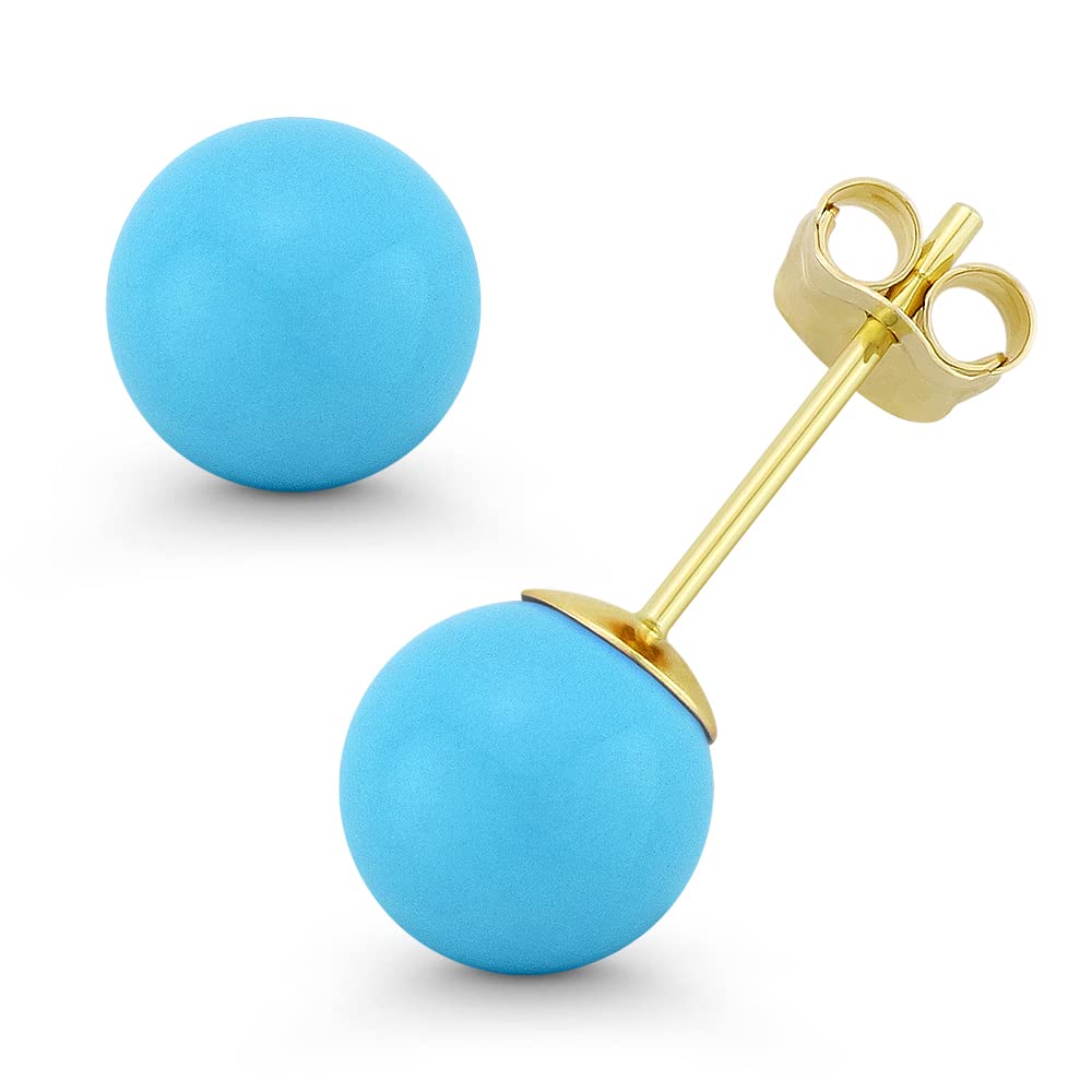 Blue Turquoise Ball Butterfly-Pushback Stud Earrings in 14k Yellow Gold