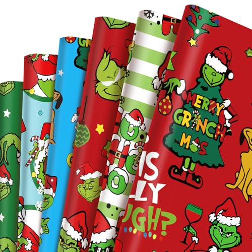 12 Pcs Grinch Christmas Wrapping Paper Sheets 69x50cm Red Green Grinch Xmas Gift Wrapping Paper Recyclable Christmas Wrapper for Winter Party Birthday Festive New Year Xmas Gift Boxes Decorations