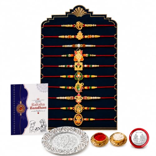 Image of Oblivion Designer Ethnic Multicolor Rakhi Combo for Brother Bhaiya Bhai with Thali, Roli Tikka, Silver Color Pooja Coin & Greeting Card | Raksha Bandhan Festival Gift Set | Pack of 14
