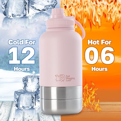 Tail Wagging 3 in 1 Portable Dog Travel Water Bottle with Two Detachable Water & Food Bowls, 32oz Stainless Steel Insulated Travel Water Bottle Dispenser for Dogs - Durable & Leak-Proof Design Pink - Image 3