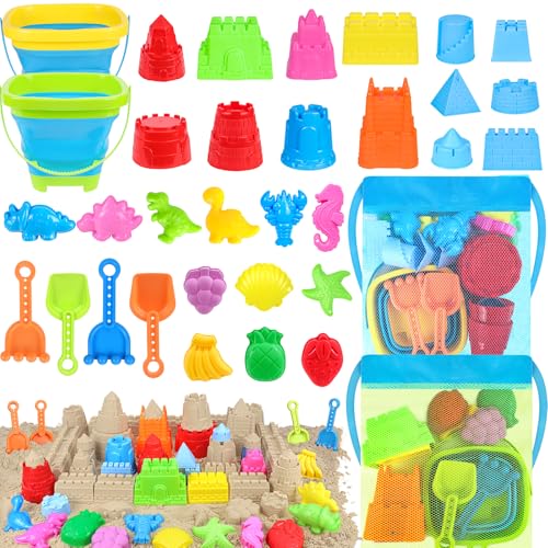 RACPNEL Collapsible Beach Toys Set for Kids Toddlers, Travel Beach Sand Castle Kits with Mesh Bag & Molds, Collapsible Sand Bucket and Shovel Set, Sandbox Toys for Toddlers Kids Age 3-12