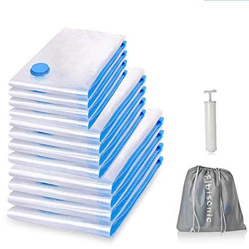 FiBiSonic 12 Piezas 3 Tamaños de Bolsa para Vacío de Ropa, Bolsas de Almacenamiento al Vacío Ahorro de Espacio para Guardar Ropa, Ropa de Cama, Edredones, Almohadas, Mantas, Cortinas, Tejidos, Sábanas