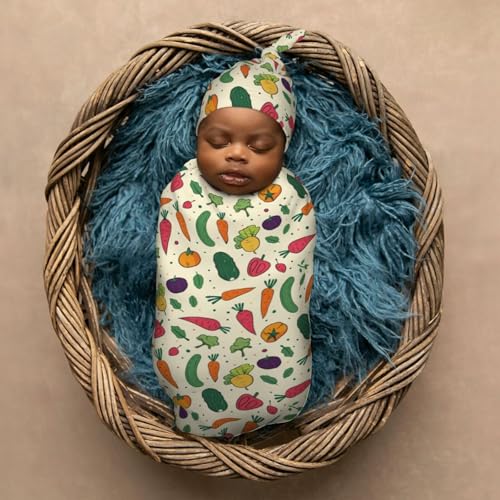 Image of Fruit with Vegetables Newborn Swaddle Blankets Hat Sets Soft Baby Receiving Blanket Swaddle Sack for Baby Shower Infant Boy Girl Gift