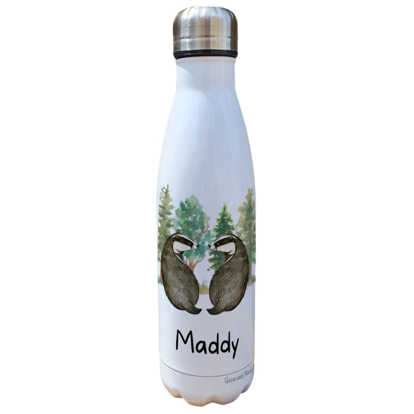 Badger Insulated Bottle Personalised - Gift for Wildlife Lover - Personalised Wild Woodland Animal Thermal Flask - Stainless Steel Water Bottle