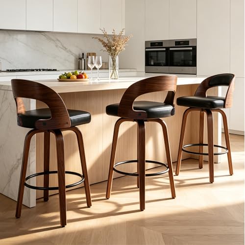Image of Swivel Bar Stools Set of 3, 26 inch Counter Height Bar Stools with Curved Backrest, Mid-Century Modern PU Fabric Modern Island Chairs with Footrest, for Kitchen, Bar, Restaurant, Cafe, Black