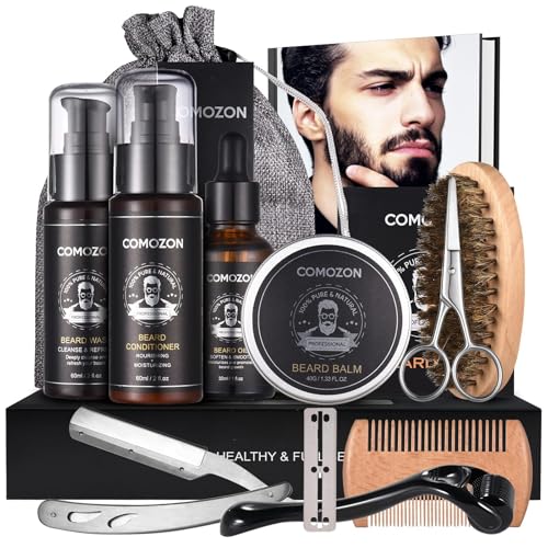 Comozon 12-in-1 Bartpflege Set mit Bart Roller, Beard Growth Kit mit Bartshampoo Bartöl Bartbalsam Rasiermesser Bartbürste Bartkamm Bartschere, Geschenke für Ehemann, Freund und Papa