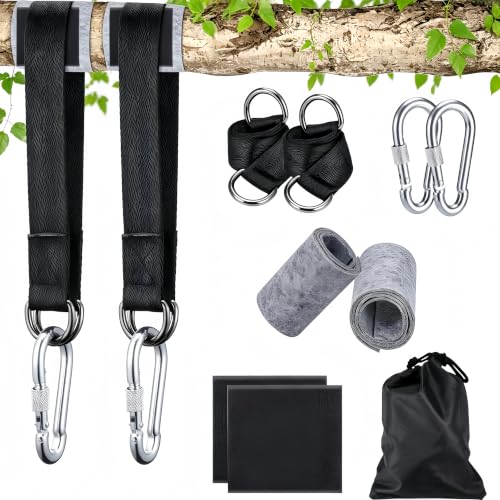 JIZZU 2PCS Hanging Kit Straps Tree Swing Straps Hanging Kit with Tree Protectors Pads & Metal Lock Carabiner Heavy Duty Hammock Tree Straps for Garden Child Swing Hammock