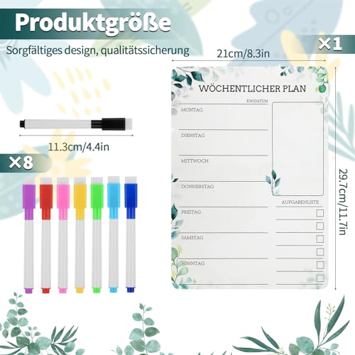 A4 Wochenplaner Abwischbar,Klebrig Haushaltsplaner Essensplaner Woche Menüplaner mit 8 Whiteboard-Stift,Wiederverwendbarer Einkaufsliste To Do Liste, Eukalyptus Design