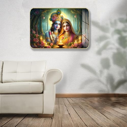 Image of Masstone Radha Krishna Crystal Embedded High Gloss Wall Painting, Golden Slim Frame, 45x30 Cm Wall Art for Living Room, Bedroom, Office & Home Decor (CRG32)