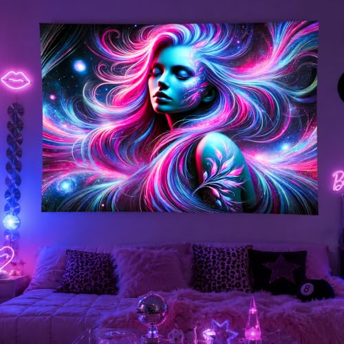 Image of BlissYard Blacklight Tapestry Girl 78x59 Inch Blacklight Cool Girl Art Tapestry for Bedroom Glow In The Dark UV Reactive Black Light Tapestries Posters Wall Hanging Hone Room Party Decor