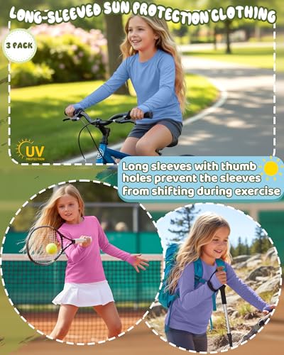Image of 3 Pack Girls Rash Guard Swim Shirts 5-14Y UV Sun Protection Long Sleeve Thumb Hole Quick Dry T-Shirts UPF 50+ Tees