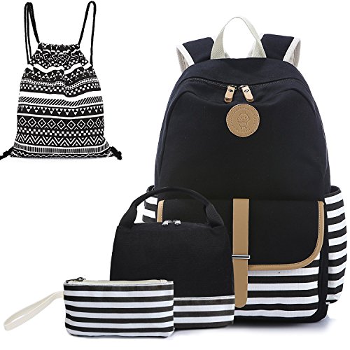 Alando Rucksack aus Segeltuch mit Punkten, niedlich, leicht, für Teenager und Mädchen, Black-3, Medium