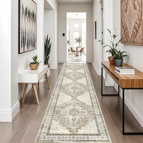 2.5x14 Boho Runner Rug Non-Slip: Washable Faux Cashmere Soft Low-Pile Long Runner Rugs for Hallway Kitchen Entryway Yellow