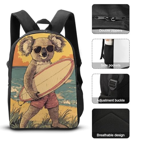 Koala Surfing Surfer Surfboard Classic Backpack Lunch Bag Pencil Case 3 Piece Set Travel Daypack3