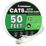 Cat 6 Ethernet Cable 50 ft, Indoor&Outdoor, High Speed 10Gbps Flat Internet Network Cable, Pure Copper Ethernet Patch Cable Long, Computer LAN Cable with Clips & Straps for Router, Modem, PS4/5, White