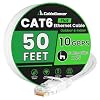 Cat 6 Ethernet Cable 50 ft, Indoor&Outdoor, High Speed 10Gbps Flat Internet Network Cable, Pure Copper Ethernet Patch Cable Long, Computer LAN Cable with Clips & Straps for Router, Modem, PS4/5, White