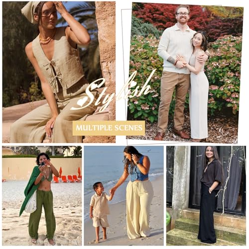 Neteson Leichte Hosen Damen Sommer Lang Leinenhose Damen Weite Leg Elegant Freizeithose Palazzo Hose Lockere Stoffhose mit Tunnelzug und Taschen