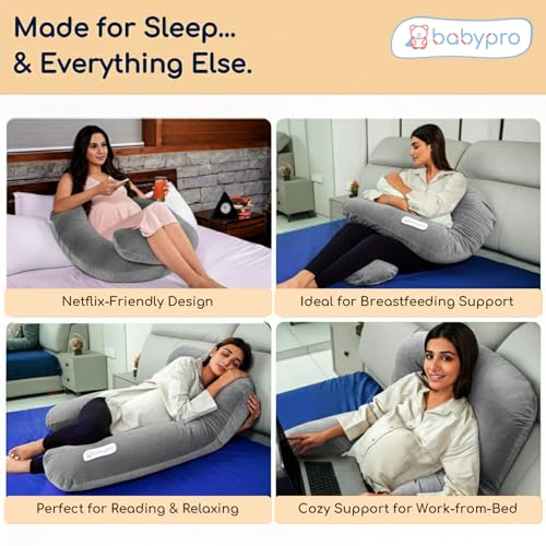 Image of BabyPro U-Shaped Pregnancy Pillow with Silky Cooling Velvet Cover, Grey | Full Body Pillow for Back Pain, Head, Belly, Hips & Knees, Soft Cushion