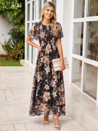 Image of Simplee Womens Casual Floral Summer Maxi Dress 2026 Boho Flowy Short Sleeve Crew Neck Vacation Smocked Chiffon Dresses