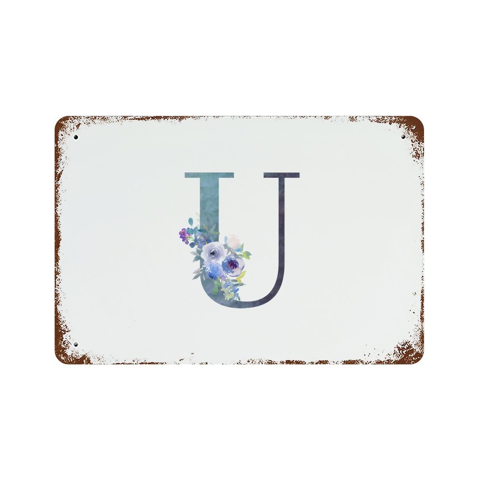 Lettre U monogramme floral encre verte plaque decorative retro pour cour