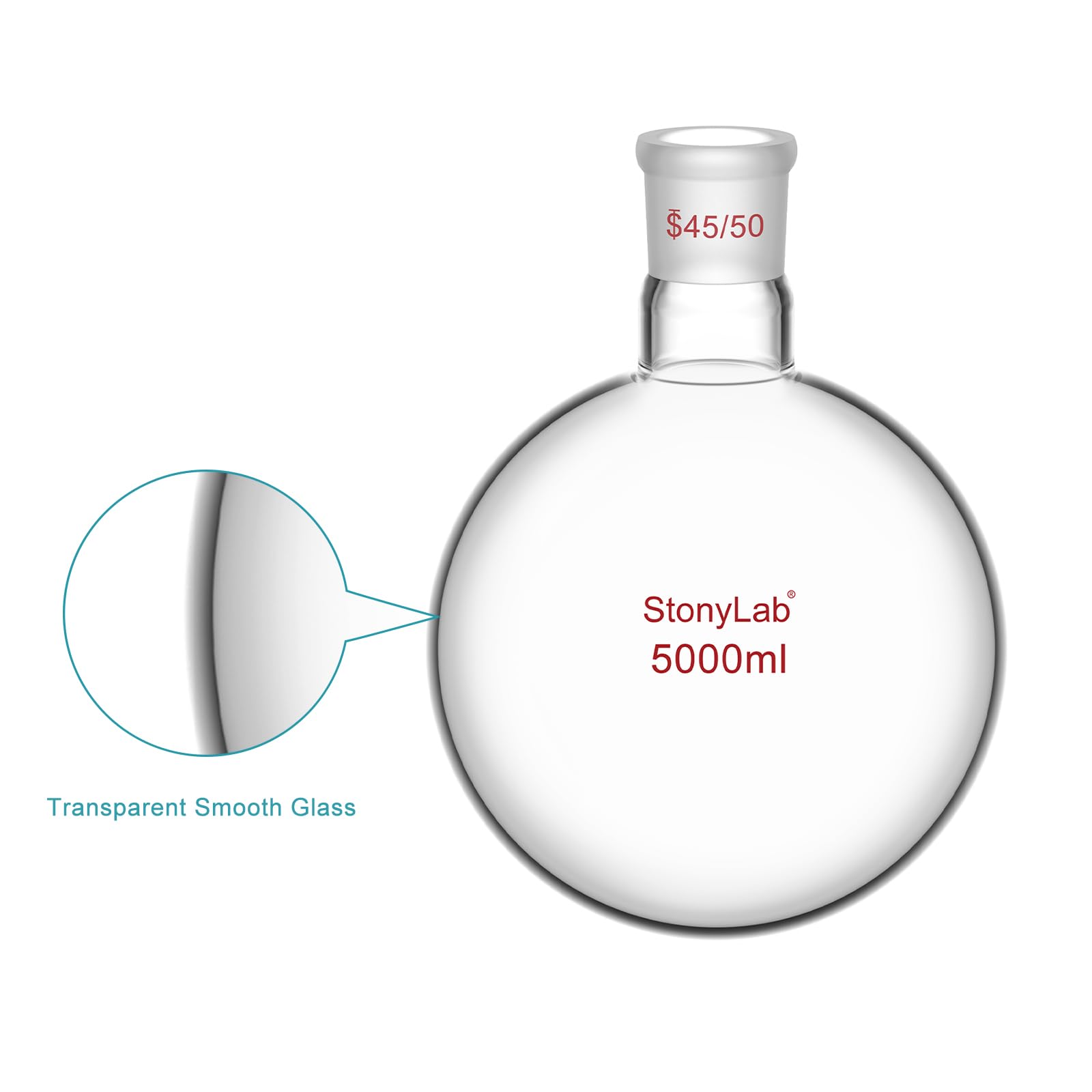 stonylab 5 L Matraz de Fondo Redondo RBF, Gran Capacidad Paredes Pesadas Cuello único Matraz de Laboratorio Borosilicato Fondo Circular de Vidrio Matraz Hirviendo con 45/50 Conexión Exterior Cónica