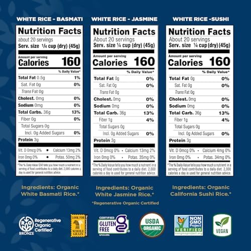 Image of Lundberg Rice Variety 3-Pack - White Basmati, Jasmine, and California Sushi Grains, Regenerative Organic Certified, 32 Oz Ea