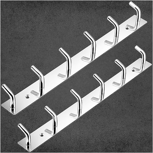 Image of Stainless Steel Cloth Hooks for Wall, Clothes Hook Hangers Door Mounted, Wall Mount Shirt Hanging Hangers, Dress Holder Pegs - 6 Pin-XL, Pack of 2, Silver