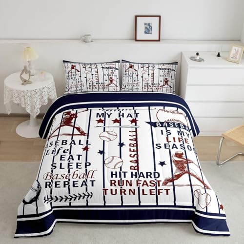 Image of Feelyou Personalized Baseball Comforter Set King Size Eat Sleep Baseball Bedding Set for Kids Boys Girls Sports Game Duvet Quilt White and Navy Blue Bedroom Decor 3 Pcs with 2 Pillow Cases