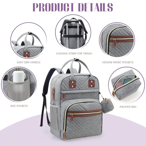 Image of Tuwubi Diaper Bag Backpack with Changing Pad,Baby Essentials, Multi function Waterproof Backpack with Stroller Straps & Pacifier Case Light Grey