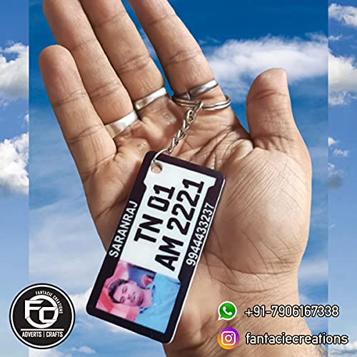 Image of Customized Vehicle Number Plate Keychain with Photo, Name & Mobile Number | Personalized Bike Car Scooter Key Ring | Custom Acrylic Number Plate Keychain Gift for Men Women