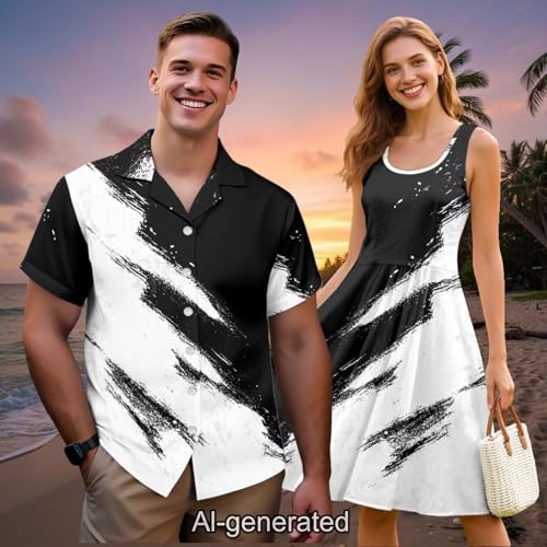 Image of Dreaweet Summer Dresses for Women A-Line Sleeveless Flowy Sun Dresses,Men's Casual Button-Down Shirts,Couple Matching Outfits