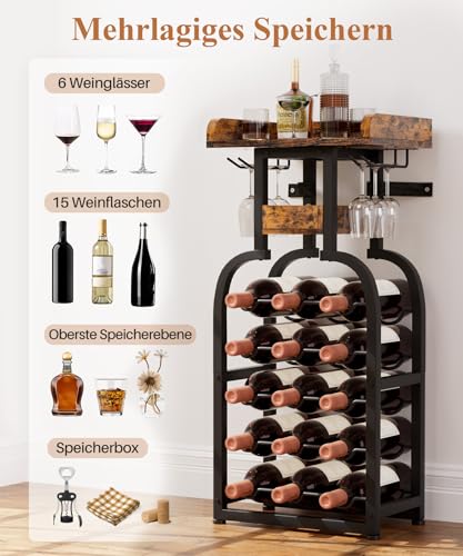 Yorbay Weinregal freistehend 15 Flaschen, Flaschenregal mit Glashaltern, Dekorativer Flaschenhalter-Ständer für Küche, Bar, Esszimmer, Boden