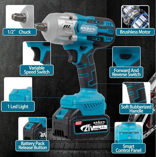 Image of Krost Pro Series 1000Nm Combo Torque Cordless Impact Wrench 1 /2 inch, Brushless Motor 21V(37V Max) Double Li-Ion Batteries(Cordless Wrench + 10Pc Impact Socket) - Fixed Square