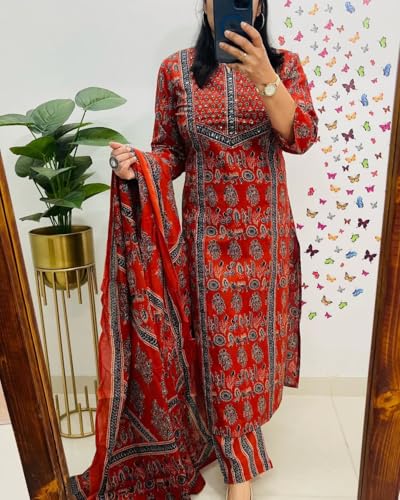 Image of krisjan|Women's Pure Cotton Printed with Handwork Kurta with Pants and Dupatta Set | Ethnic Set | Suit Set | Kurta Set | Wedding Suit Set