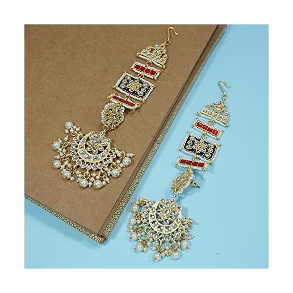 I Jewels 18K Gold Plated Zinc Alloy Matte Finish Kundan and Pearl Work Chandbali Earrings for Women - Image 5